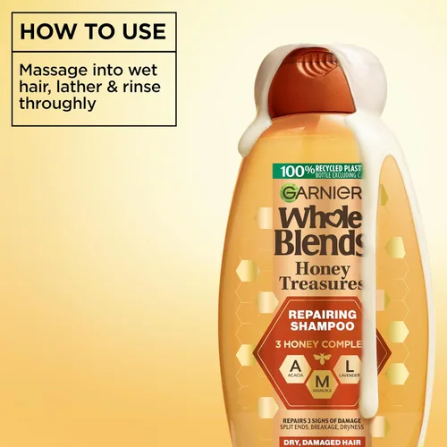 Vista 6 de Garnier Whole Blends Honey Treasures Champú reparador, para cabello seco y dañado, 3 onzas líquidas (tamaño de viaje), 1 unidad