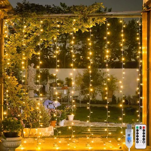 Vista 17 de JMEXSUSS 200 luces LED de cortina rojas, blancas y azules, 6.5 pies x 6.5 pies, 4 de julio, luces USB enchufables, 8 modos patrióticos de cortina