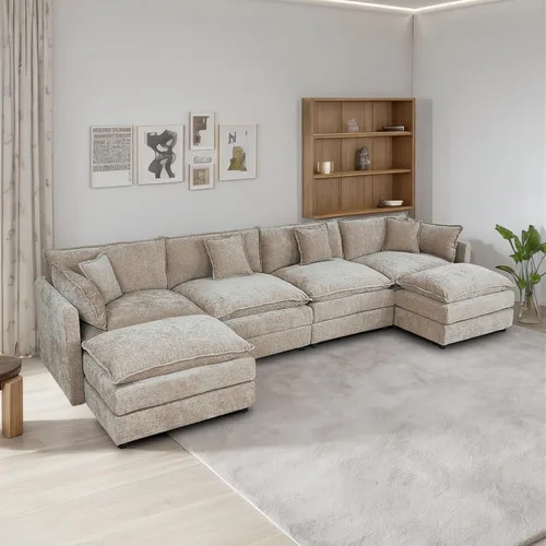 Vista 18 de Setawix Sofá Profundo de 3 Plazas con Otomana, Sofás de Nube en Forma de L de 112.2" para Sala de Estar, Sofá de Nube de Chenilla con Asiento Café