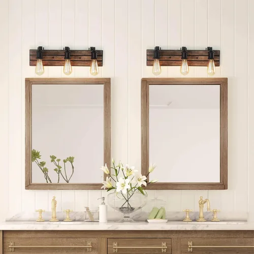 Vista 2 de LOG BARN Luces de tocador, accesorios de baño en madera rústica y acabado de metal aceitado, apliques de pared de granja con enchufes ajustables