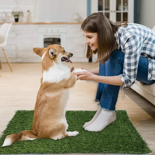 Vista 9 de Almohadilla de césped artificial para orina de perro, 18.75 x 15 pulgadas, paquete de 2, lavable para interiores, césped de repuesto para cachorros