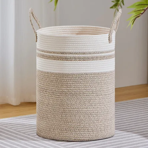 Vista 28 de VIPOSCO Cesta de lavandería tejida pequeña de 30L, color marrón y blanco