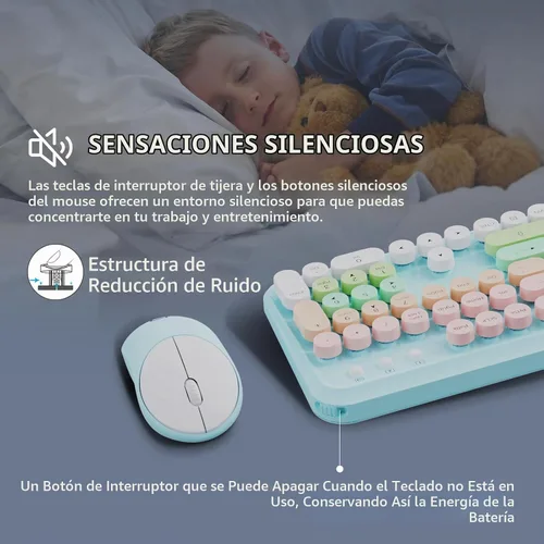 Vista 3 de FD Juego de teclado y mouse inalámbricos de 2.4 GHz con botón de interruptor, teclado de tamaño completo, compatible con EK8870 Azul Blanco Colorido