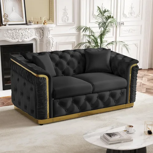Vista 21 de Sofá de dos plazas Chesterfield de terciopelo de 62.2 pulgadas, sofá de lujo blanco y dorado, beige Gris