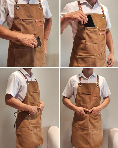 Vista 2 de Chef Aprons with Large Pockets for Women Men, Cotton Canvas Cross Back Water Repellent Work Apron with Adjustable Straps for Size M-XXL (Blue+Brown)