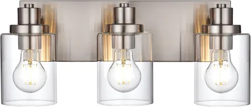 Vista 3 de Lámpara de tocador de baño de 3 luces de níquel cepillado, accesorios de iluminación sobre espejo con pantalla de vidrio transparente, modernos