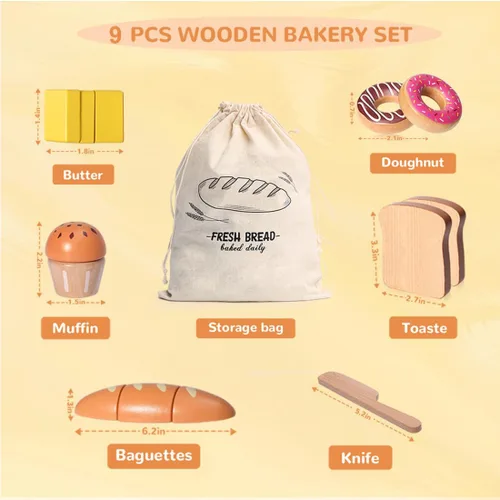 Vista 2 de Juego de madera para panadería, juguetes de comida, juego de cocina para niños, accesorios de cocina con bolsa de almacenamiento, juego