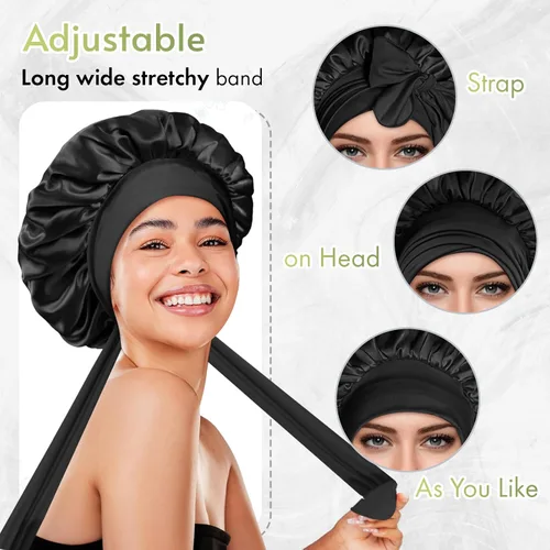 Vista 4 de BONNET QUEEN Gorro reversible de satén de seda para dormir, doble capa, ajustable, trenzas rizadas, peluca de cabello natural, banda para gorro