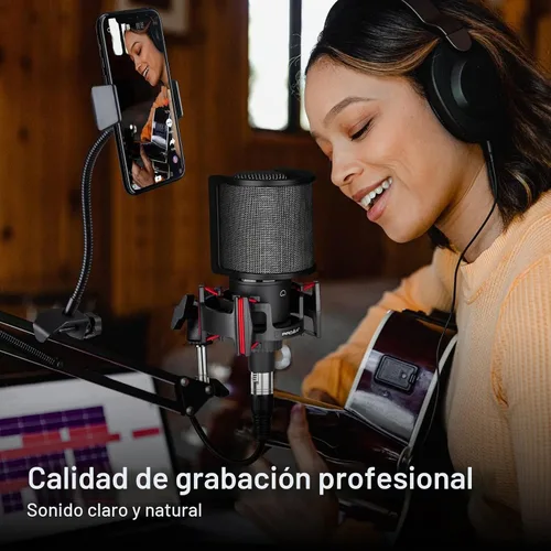 Vista 3 de Micrófono de condensador XLR, micrófono profesional de grabación de estudio para computadora PC, kit de micrófono cardioide para podcast con brazo
