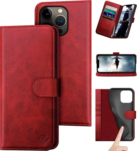 Vista 9 de DuckSky Funda tipo cartera de piel auténtica para iPhone 14 Pro Max de 6.7 pulgadas. Bloqueo RFID. 4 tarjeteros de crédito. 【Cuero auténtico】 Funda