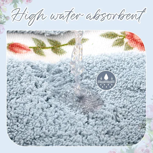 Vista 7 de Drydiet Juego de 3 alfombras de baño con rosas y flores, decoración de habitación, alfombra de baño floral en forma de U, antideslizante, Azul