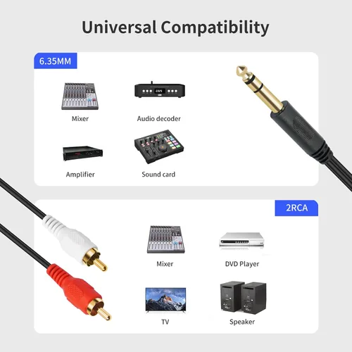 Vista 5 de Conector estéreo TRS macho chapado en oro de 0.250 in 1/4 pulgadas a 2 RCA Phono macho Audio Y Splitter Cable, conector de cable (4.9 ft)