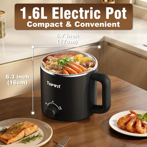 Vista 3 de Topwit Olla eléctrica, olla eléctrica, olla ramen de 1.6 L, olla eléctrica multifuncional para pasta, shabu-shabu, avena, sopa y huevo con Negro