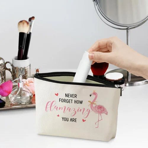 Vista 2 de jeilink Divertida bolsa de maquillaje de flamenco rosa, regalos de flamenco, decoración de flamencos, suministros de fiesta, regalos inspiradores