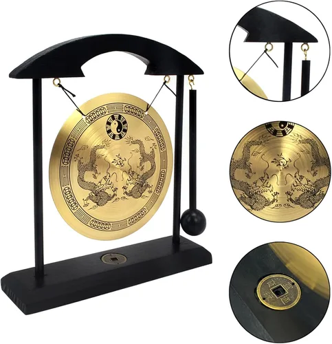 Vista 4 de Gong de escritorio de latón, arte zen, feng shui para la decoración de oficina en casa, práctica de meditación, incluye pulsera de cadena roja