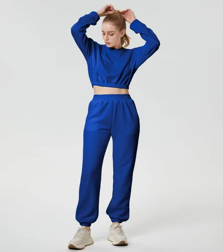 Vista 2 de Conjunto deportivo para mujer, sudadera acolchada y pantalones deportivos con bolsillos, 2 piezas, Azul
