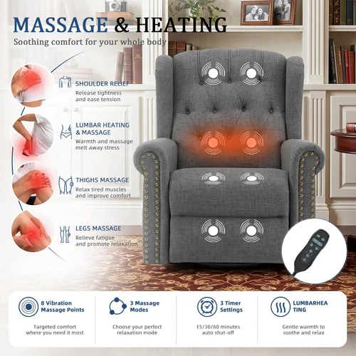 Vista 5 de Power Swivel Rocking Recliner Chair with Massage & Heat, Grey