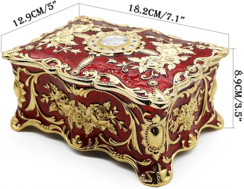 Vista 4 de Joyero rectangular de aleación de metal vintage de lujo, caja de almacenamiento con patrón de rosas para mujeres, niñas, diseño de dos capas, dorado