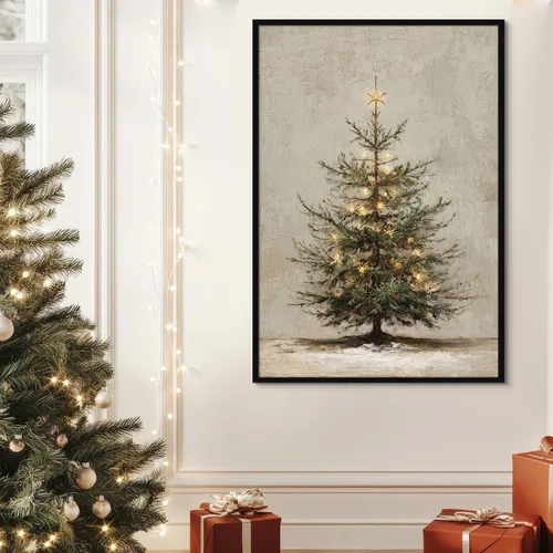 Vista 4 de Arte de pared en lona de árbol de Navidad y pino, póster rústico iluminado de abeto nevado, decoración de pared de vacaciones de invierno antigua
