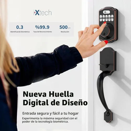 Vista 6 de IXTECH Juego de cerradura de puerta de huellas dactilares, cerrojo de cerradura de puerta de entrada sin llave con mango y 2 llaves, bloqueo Bronce
