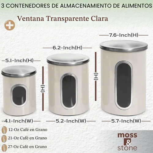 Vista 2 de Moss & Stone Juego de recipientes de 3 piezas beige para la cocina, juego de recipientes herméticos con ventana transparente, tarros