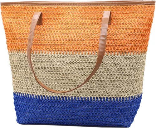 Vista 109 de Bolso grande de paja para mujer, tejido de ratán, bolso de playa de verano, a rayas