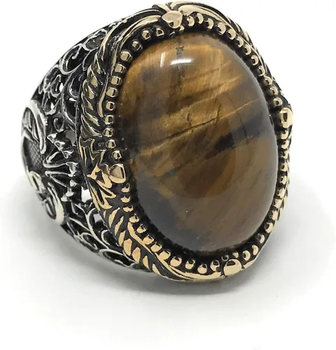 Vista 6 de KAR Anillo de ojo de tigre natural para hombre de plata de ley 925K estampado I1B