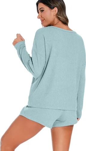 Vista 6 de PrinStory Conjunto de pijama para mujer, conjunto de 2 piezas de punto gofre, conjunto de ropa de descanso con bolsillos