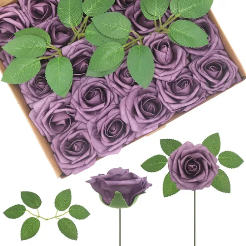 Vista 56 de 25 rosas realistas negras, flores artificiales de espuma de látex con tallos flexibles y 8 hojas para decoración de bodas, hogar y fiestas Negro