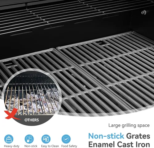 Vista 6 de GREEN PARTY - Parrilla de gas para barbacoa de 4 quemadores con propano, quemador lateral y rejillas de hierro fundido esmaltadas en porcelana, área