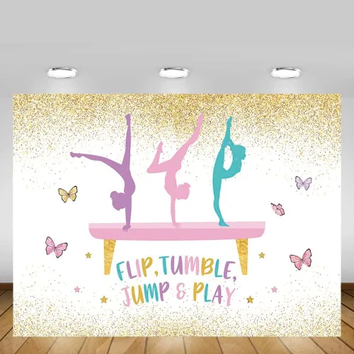 Vista 5 de MEHOFOND Telón de fondo de gimnasia de cumpleaños para niñas, gimnastas, volteador, saltar y jugar, suministros de decoración de fiesta, fondo