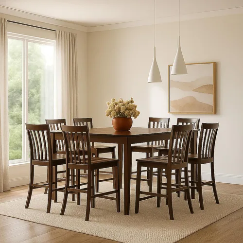 Vista 3 de CARTESIAN Juego de comedor de 9 piezas de altura de mostrador, nogal, construcción de madera maciza, mesa cuadrada con hoja de extensión, 8