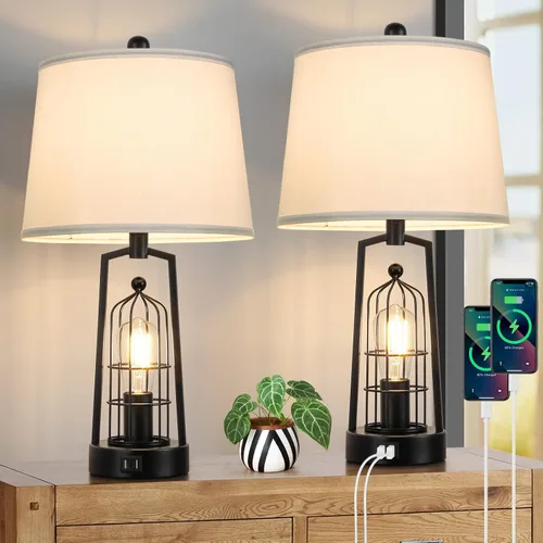 Vista 9 de Lámparas de mesa de granja con 2 puertos USB, juego de 2 lámparas de escritorio industriales rústicas para sala de estar, lámpara de noche negra