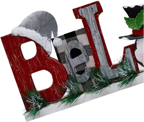 Vista 4 de Letras rústicas de madera con recortes de mesa, decoración de muñeco de nieve, decoración de Navidad, letreros de bloque de palabras de madera