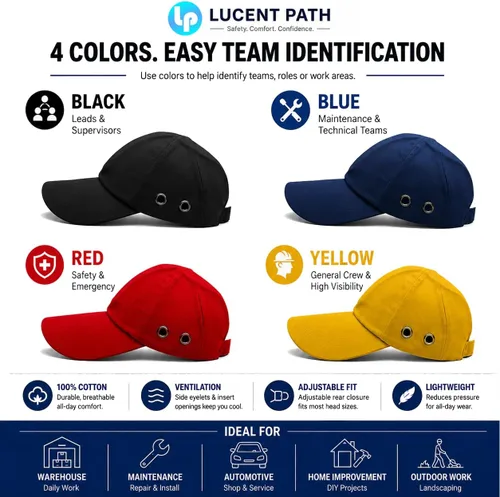 Vista 4 de Gorra negra de seguridad de béisbol, 100% algodón, carcasa ABS resistente a los impactos, espuma acolchada de doble capa, transpirable, protección