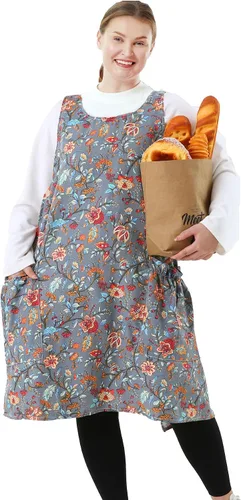 Vista 25 de Delantales grandes de talla grande para mujer con bolsillos de algodón y lino para hornear cocina