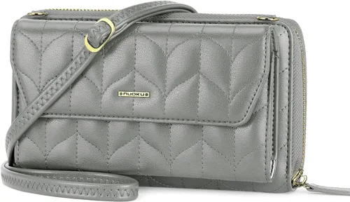 Vista 11 de nuoku Cartera RFID para Mujer Monedero Muñequera Bandolera Clutch con Cremallera Perimetral 2 Correas Negro