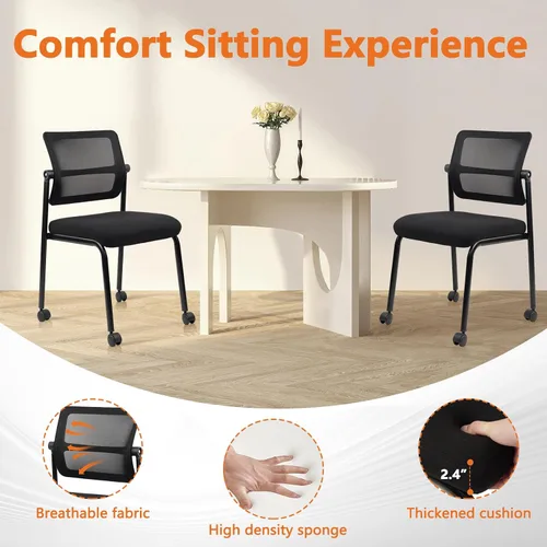 Vista 5 de CLATINA Silla de oficina apilable sin brazos con ruedas, sillas apilables de malla para recepción de invitados con respaldo ajustable para sala