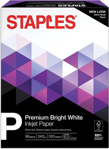 Vista 2 de Papel para Inyección de Tinta Staples – 8.5" x 11" Multiusos, 24 lbs, 98Bright, 5 Resmas/Cartón Papel blanco multiusos para impresión nítida por
