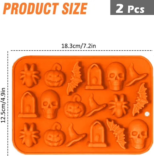 Vista 2 de VICDUEKG Molde de chocolate de Halloween, 2 piezas de molde de silicona para hornear de Halloween, calabaza, murciélago, calavera, molde de silicona