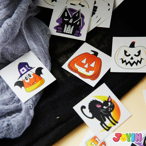 Vista 5 de JOYIN 144 tatuajes temporales brillantes de Halloween, 12 diseños luminosos de Halloween, calabaza, fantasma, calcomanías de tatuaje para niños