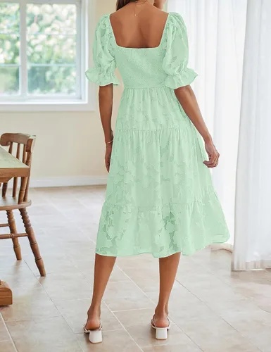 Vista 2 de MEROKEETY Vestido midi escalonado de verano para mujer, manga corta abombada, cuello cuadrado, floral, texturizado, escalonado
