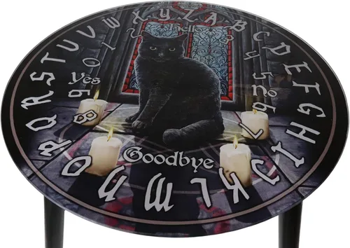 Vista 2 de Ebros Occultic Wicca Lisa Parker Sagrado Circle Black Cat Ouija Spirit Board con plancha redonda de 16 pulgadas de alto, mesa auxiliar redonda