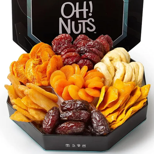 Vista 11 de Oh! Nuts Cesta de regalo de frutas secas en forma de corazón, 8 variedades tropicales gourmet, albaricoques, dátiles, ciruelas pasas, arándanos