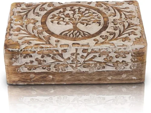 Vista 10 de Gran regalo de cumpleaños y inauguración de la casa, joyero de madera decorativo hecho a mano con talla del árbol de la vida, organizador, recuerdo