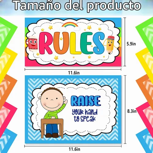 Vista 2 de Alpurple 17 Piezas Reglas de Aula A4, Pósteres de Reglas de Clase Preescolar, Decoraciones de Tablón de Anuncios de Reglas de Aula para Jardín