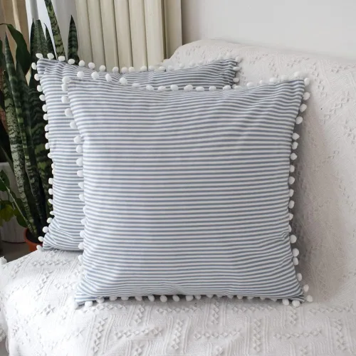 Vista 17 de HOPLEE Juego de 2 fundas de almohada de granja con pompones para decoración del hogar, 16 x 16 pulgadas, color azul claro