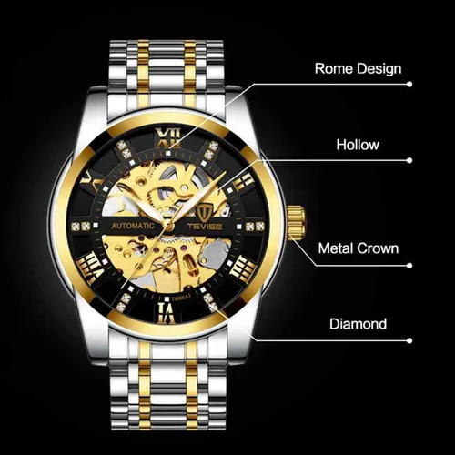 Vista 3 de Dentily Reloj mecánico de acero inoxidable esqueleto automático impermeable relojes de negocios para hombre