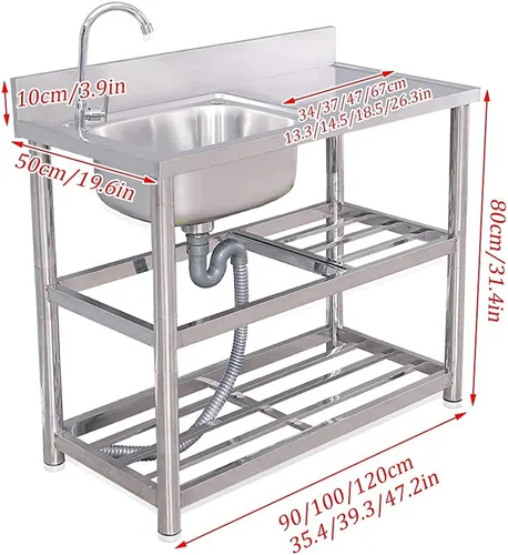 Vista 3 de CGF- Dining Sink with Free-Standing Wash Basin Commercial Single Bowl Sink with 360° Rotating Faucet 3-Layer Storage Shelf for Bars, Restaurants