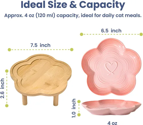 Vista 7 de PawsPik Plato de cerámica para gatos con soporte de bambú elevado, color Rosa